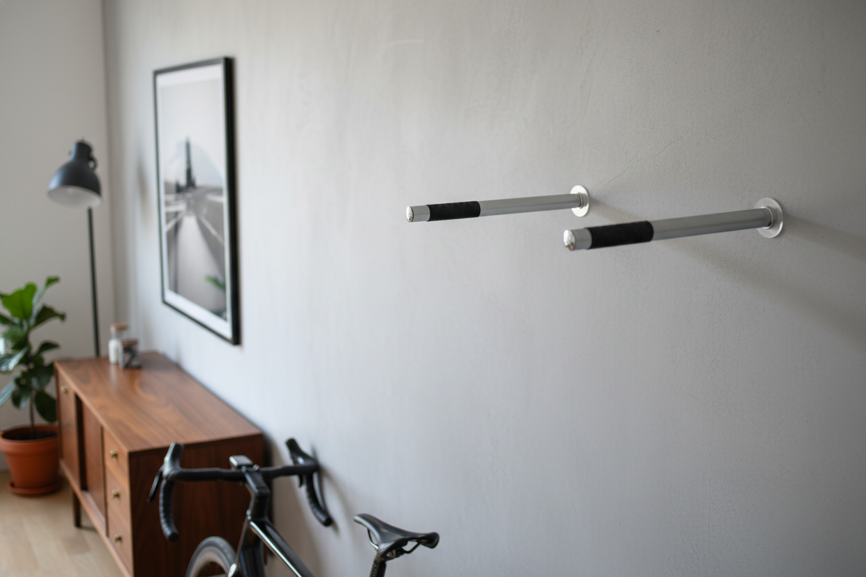 Bike hanging on a chrome wall mount in a room