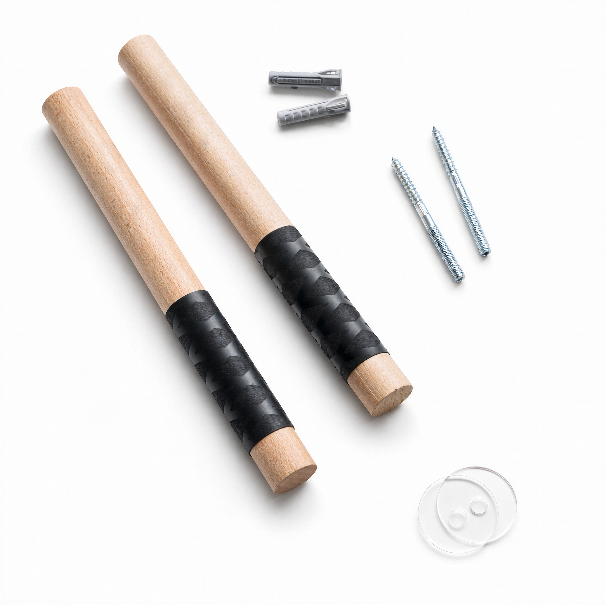 Two wooden sticks with black grips and screws on a white background